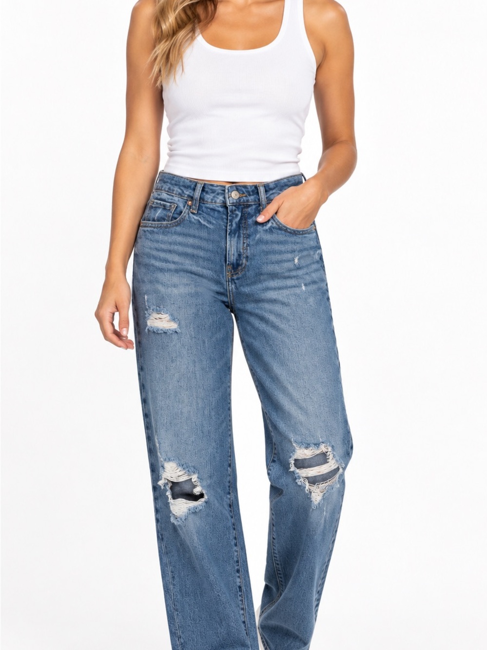 Old Navy Medium Blue Distressed Wide-Leg Jeans